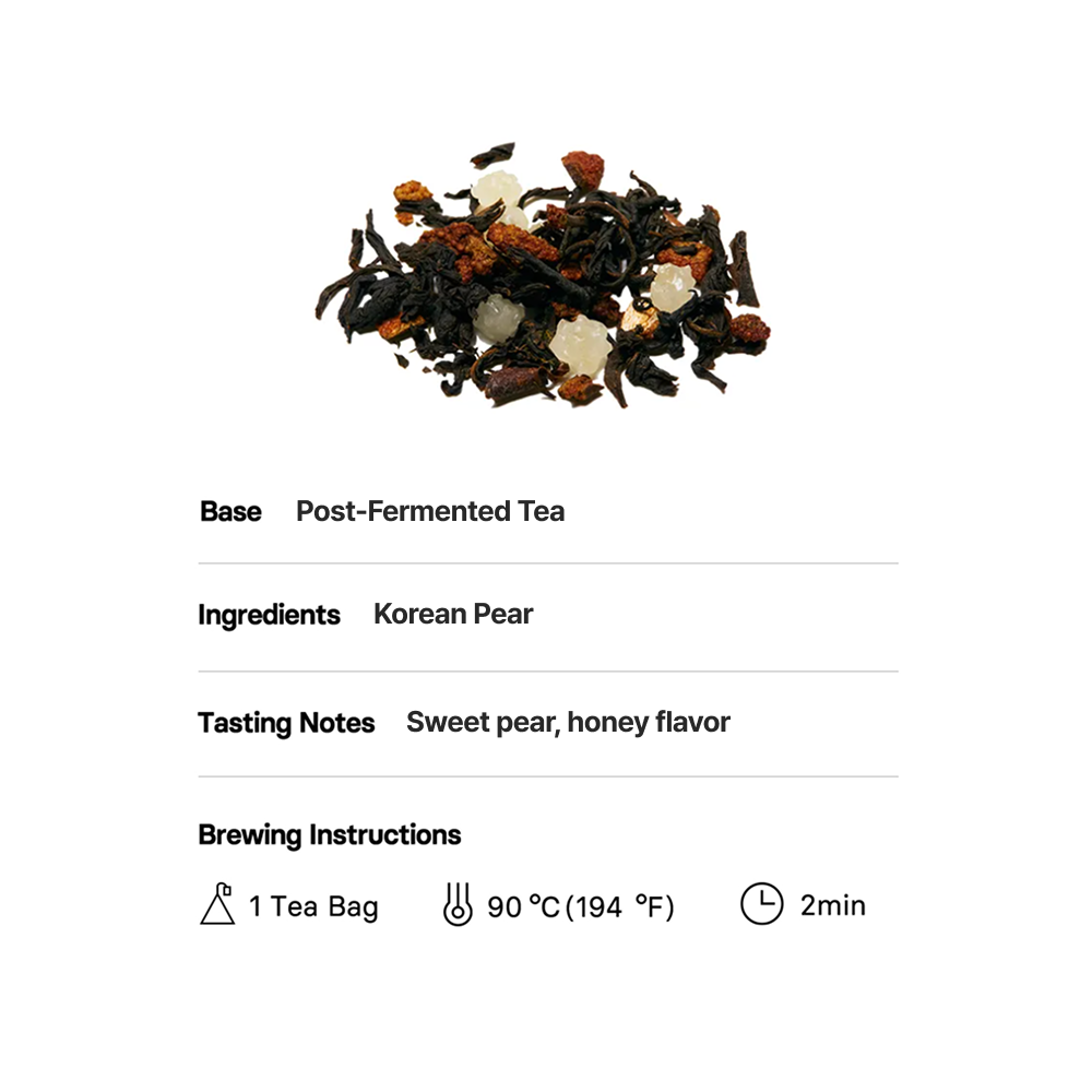 Base: Post-Fermented Tea
Ingredients: Korean Pear
Tasting Notes: Sweet pear, honey flavor